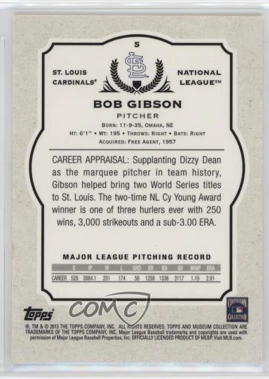 2013 Topps Museum Collection Blue /99 Bob Gibson #5 HOF - Image 2 of 2