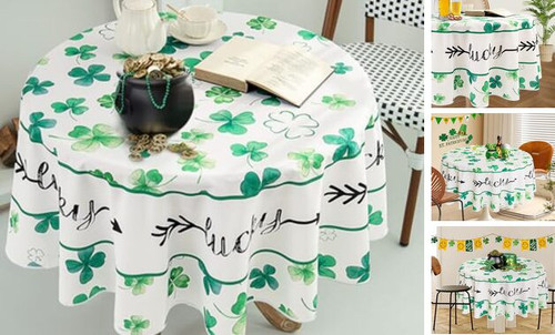 St. Patrick's Day Tablecloth, 60 Inch Round Waterproof Lucky Shamrock Table