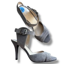 Nine West Womens 6.5 Grey Suede Leather Adaline Peep Toe Ankle Strap Heels Chic