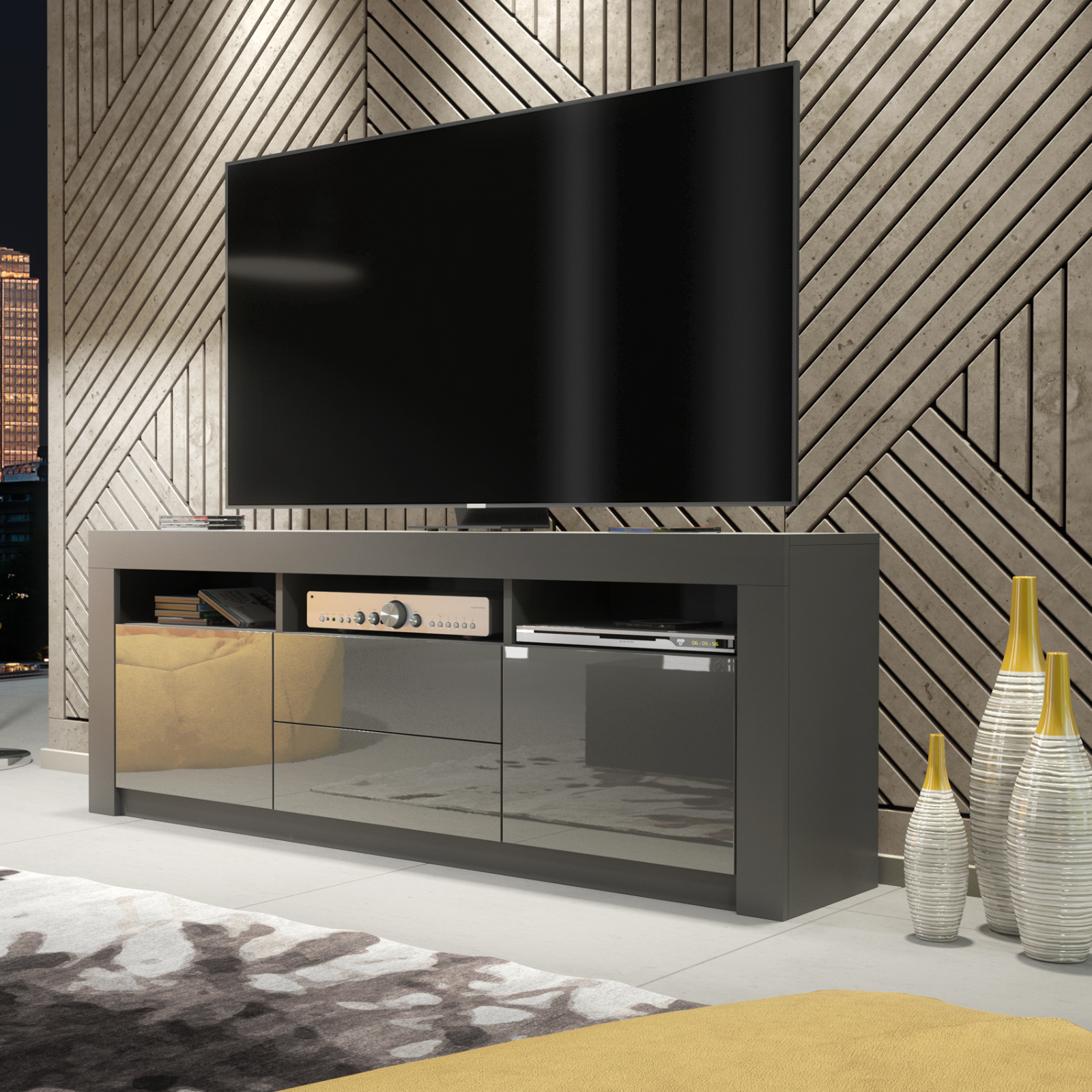 TV Unit TV Stand Sideboard Cabinet Grey High Gloss Media Storage Unit 160cm