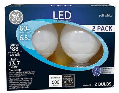 GE Lighting 17875 (LED7DG25-W3/TP2P) Decorative G25, Soft White Finish, 2-Pack