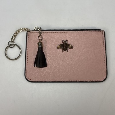 Pink Bee Wasp Emblem Credit Card Coin Pouch Zip Wallet with Tassel & Key Ring