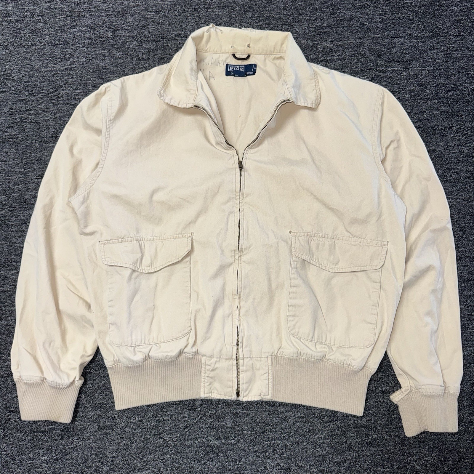 Vintage 90s RARE Polo Ralph Lauren A2 Distressed Cotton Beige Flight Jacket Sz L