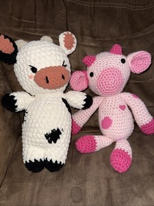 2 Handmade Crafted Crocheted Cows