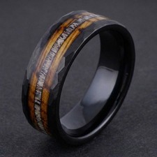 Whiskey Barrel Ring with Antler, Antler Ring, Hammered Black Tungsten Ring,