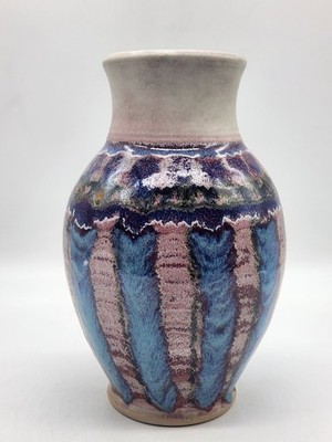 Handmade Studio Art Pottery Vase Blue & Purple Drip Glaze Signed Robin 8.5'' Tall