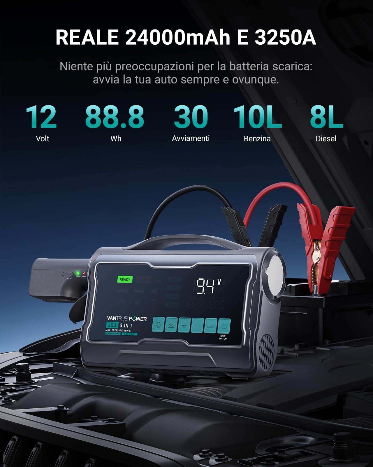 Avviatore Auto 12V con Compressore Aria 160 Psi Booster Js3 3250A - Miniatura 20
