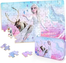 Puzzles for Kids Ages 4-8 Metal Box Winter Princess Snowman Jigsaw Portable Gift