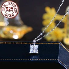 Simple Square Princess Cut Cubic Zirconia Pendant Necklace Sterling Silver Women