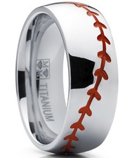 Men's Baseball Titanium Ring Red Stitching Dome Comfort-Fit 8MM