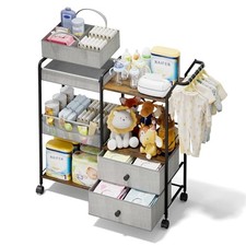 Diaper Caddy Organizer with Hanging Rack - 3 Tier Rolling Baby Storage Grey