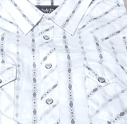 ROCK&ROLL COWBOY-White Diamond Stripe Cttn Mens FITTED, Casual Western Shirt-(L) - Picture 2 of 3