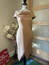 Boohoo Women's Dress Size 10 Camel off the Shoulder Faux Wrap Midi Nude Evening 