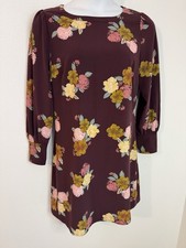 LOFT Shift Dress Size 12 Floral burgundy Fall Long Sleeve Holiday Office Career