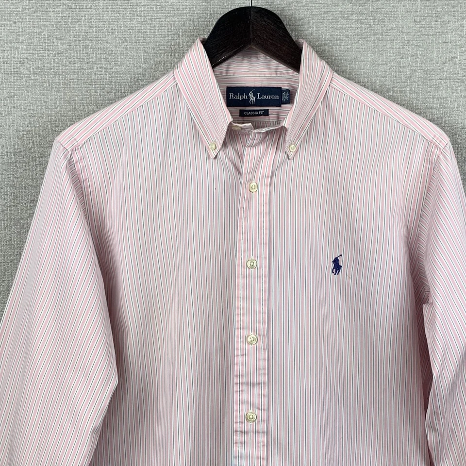 Camisa masculina Ralph Lauren 15,5 x 34/35 listrada branca rosa botão para baixo ajuste clássico - Imagem 2 de 4