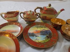Vintage Japanese Red And Gold Porcelain Tea Set With Floral Design