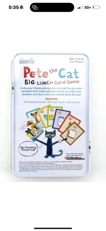 Pete el Gato Gran Almuerzo Juego de Cartas Caja de Lata NUEVO Juego Educativo Escolar Infantil Foto 3 de 4