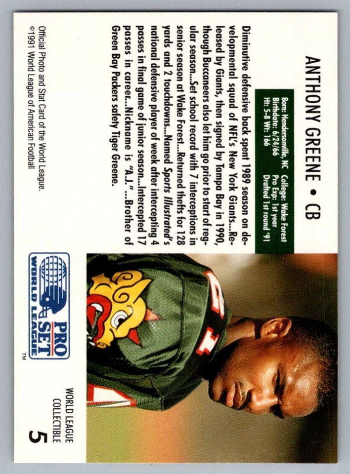 1991 Pro Set WLAF Inserts Anthony Greene Barcelona Dragons #5 - Image 2 of 2