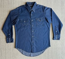 Wrangler Mens 16.5x33 Blue Denim Button Up Shirt Pearl Snaps Pockets Raw Hem
