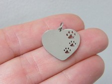 2 Paw print heart pendants silver stainless steel A472
