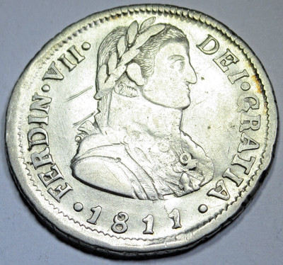 1811-FJ Santiago Chile Spanish Colonial 2 Reales Genuine Antique 1800's 2R Coin