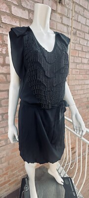 Katia G. Vintage Y2K Italian Black Dress Beads Trim Embroidery 100% Silk IT44 M