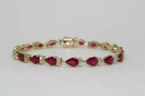 9Ct Pear Cut Ruby & Diamond 14K Yellow Gold Plated Tennis Bracelet for Womens - Picture 6 of 6