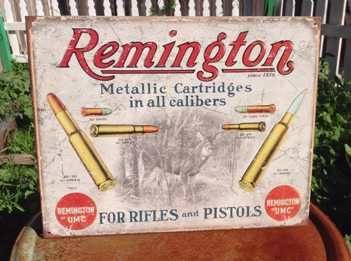 Remington Metallic Cartridge Gun Shells Tin Metal Sign UMC Wall Bar Rifles 30-30