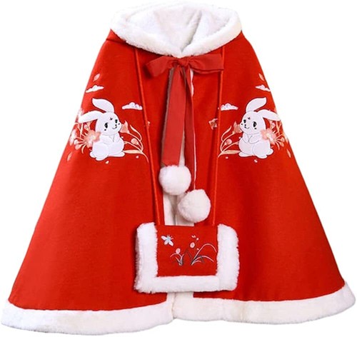 Girls Hanfu Hooded Cloak Fleece Lined Embroidered Winter Cape with Hand Warmer - Picture 8 of 26