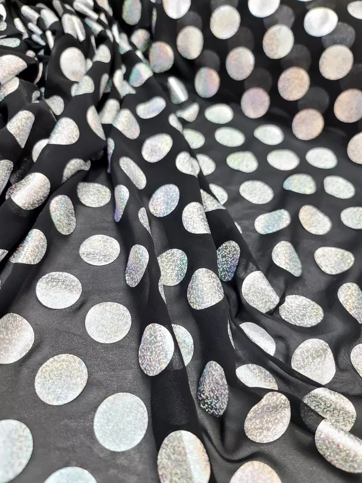 Tela de gasa de poliéster transparente NEGRO vendida por yarda plateada IRIDISCENTE lunares Foto 4 de 4