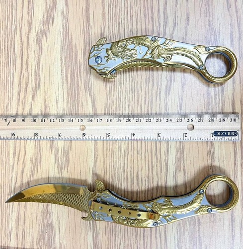 9" Karambit Tactical Gold Dragon Spring Assisted Open Blade Folding Pocket Knife - Picture 6 of 6