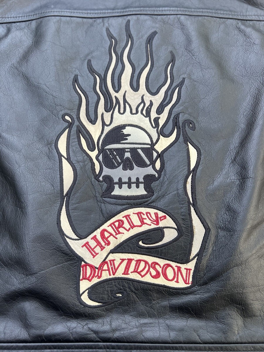 Harley Davidson Men BLAZING BONES Leather Vest Flaming Skull Large