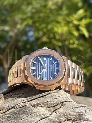 Custom Made Mods Watch Nautilus Style NH35 Automatic Movement Rose Gold D Blue