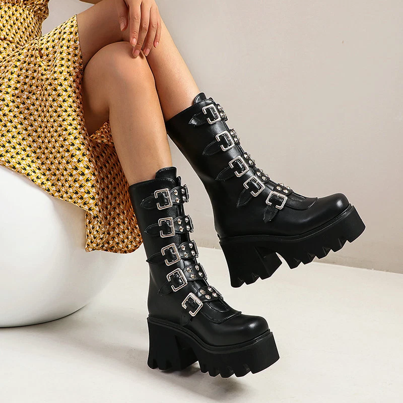 Women Black Gothic Platform Boots Vegan Combat Chunky Punk Studded