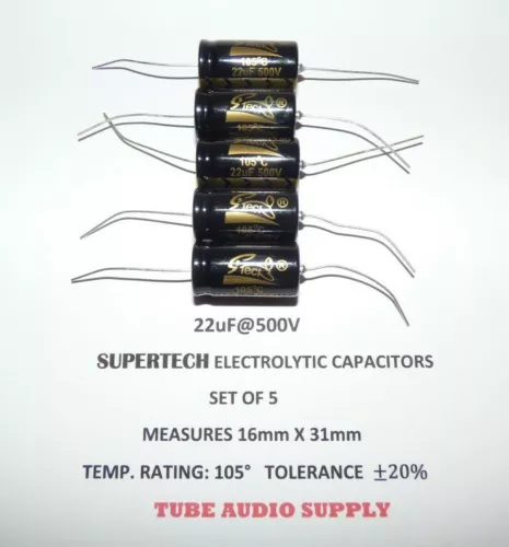   22uF@500volt ELECTROLYTIC CAPACITOR, AXIAL, SUPERTECH HIGH QUALITY, SET OF 5