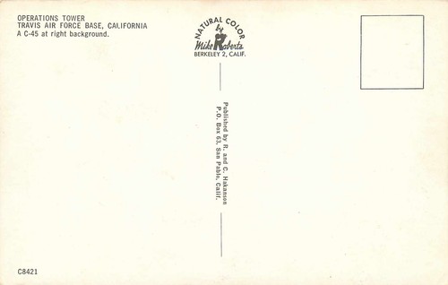 Postal Travis Base de la Fuerza Aérea Torre de Operaciones de California C-45 sin publicar - Imagen 2 de 2
