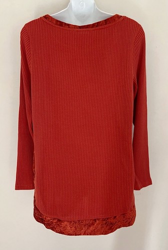 SOFT SURROUNDINGS Thermal Waffle Knit Top XS Rust Velvet Trim Split Neck - Picture 3 of 6