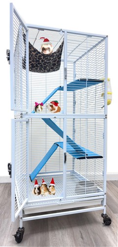 Double Unit 4-Tiers Small Animal Critter Home Cage On Wheels Ferret Hammock Rats