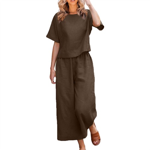 Women's 2 Piece Linen Sets Wide Leg Pants Set Short Sleeve T-shirt Outfits - Bild 14 von 18
