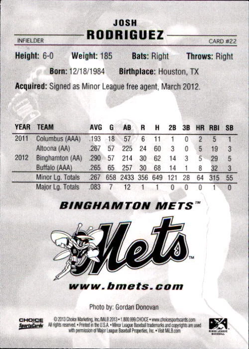 2013 Binghamton Mets Choice #22 Josh Rodriguez Houston Texas TX Baseball Card - Image 2 of 2