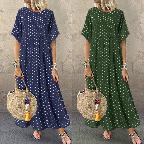 Women Party Evening Club Short Sleeve Summer Sundress Polka Dot Long Maxi Dress - Picture 5 of 21