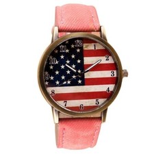 American Flag Watch w/ Pink Wrist Strap - Faux Leather, Patriot USA Quartz
