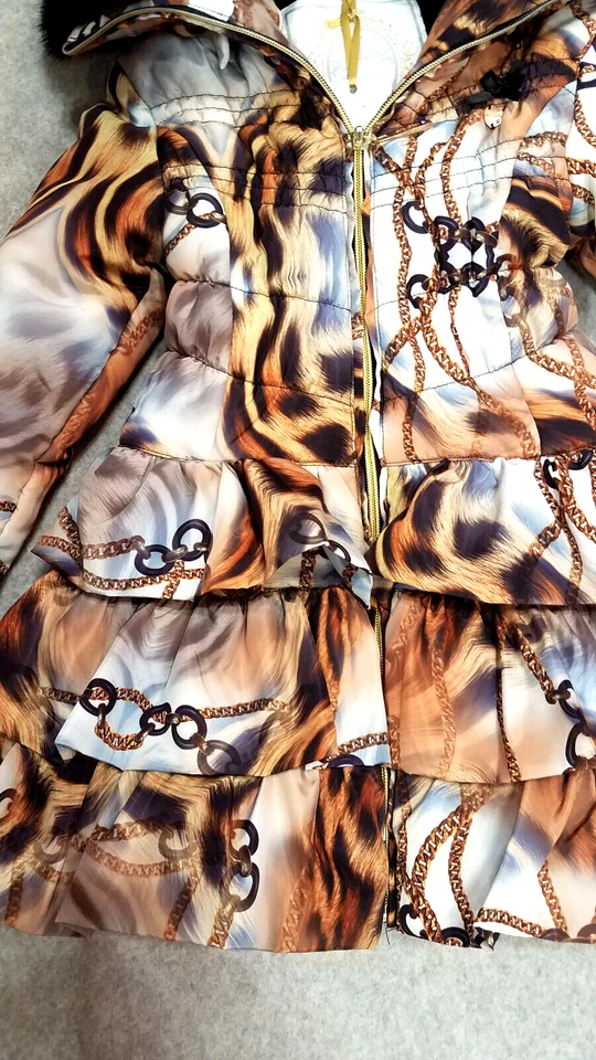 ❤️ NUEVO 4T Le Chic Cadena Guepardo Animal Invierno Niñas Pequeñas Abrigo con Capucha Volantes❤ Foto 3 de 3