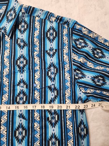 VTG Wrangler Men's Checotah Aztec Print Blue Pearl Snap Western Shirt. Size L - Picture 6 of 9