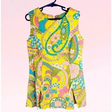 1960s Sears Hawaiian Fashions Girls Small Dress Yellow Pink Green Paisley Groovy