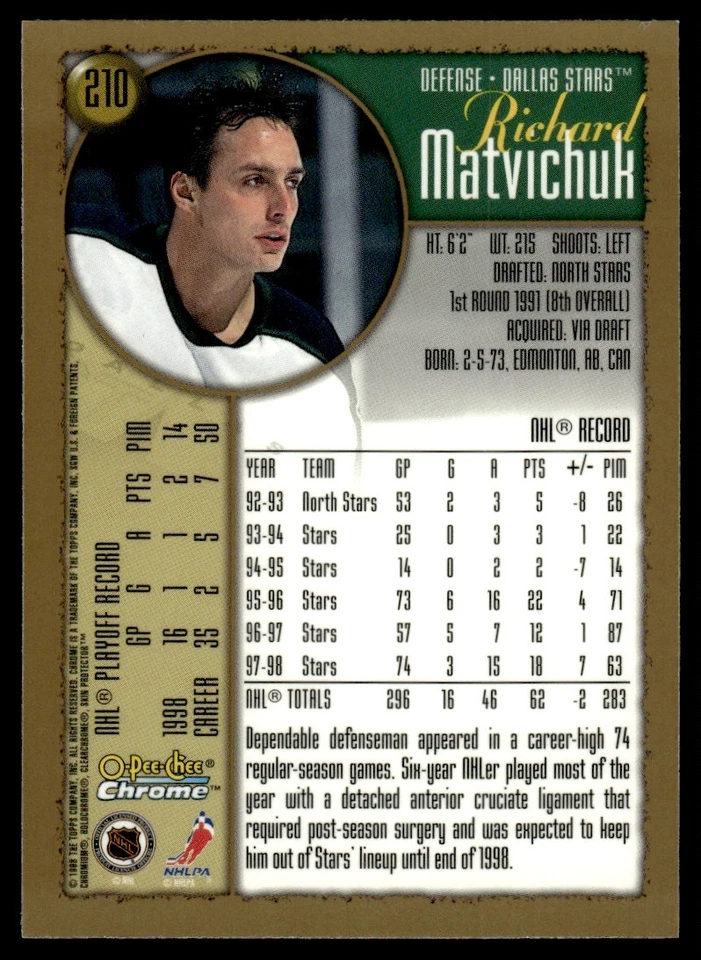 1998-99 O PEE CHEE CHROME Richard Matvichuk Dallas Stars #210 - Image 2 of 2