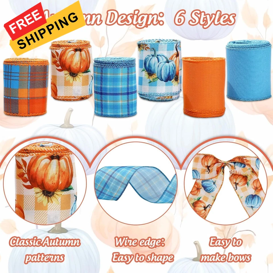 Whaline 6 Rolls Thanksgiving Fall Wired Edge Ribbon Blue Orange Pumpkin  - Image 3 of 4