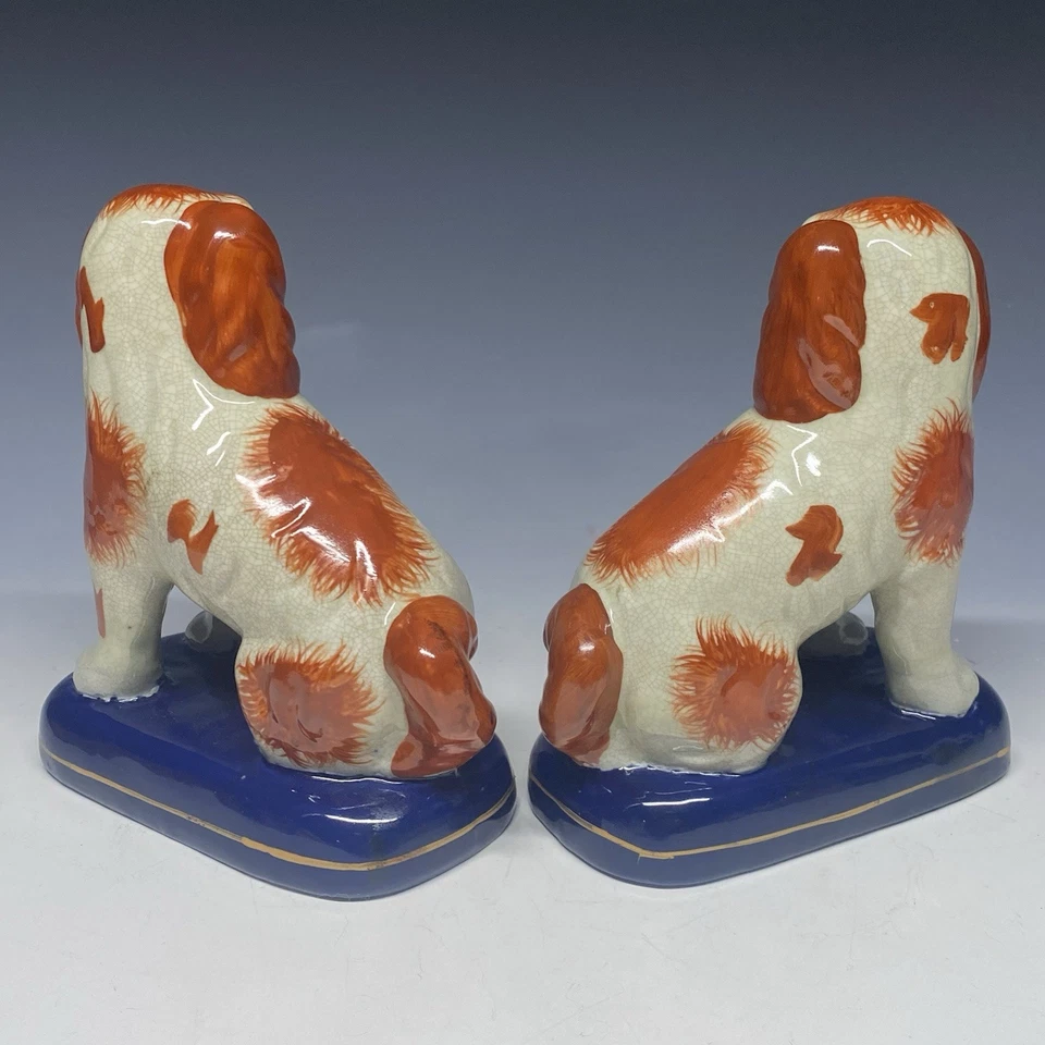 Pair of 7.5” Vintage Staffordshire Orange Spaniel Dogs Cobalt Blue Base ￼ - Image 3 of 4
