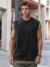 Mens Washed Cotton Tank Top Sleeveless Gym Workout Running Beach Muscle Tee