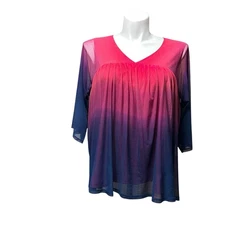 Attitudes By Renee Women’s XL Top Pink Purple Ombré 3/4 Sleeve Sheer Lined Shirt